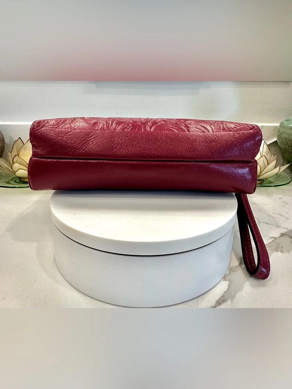 Patricia Nash Tooled Floral Motif Magenta Leather Wristlet/Clutch Purse - EUC
